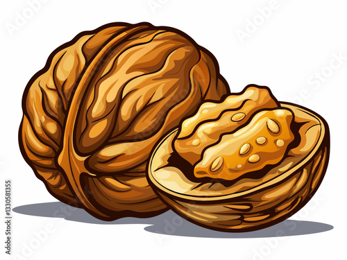 vector of  walnut, peeled and in shell, on a white isolated background
