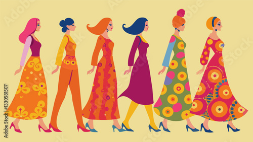 A line of women in bright paisleyprinted maxi dresses reminiscent of Woodstock era fashion strolled confidently down the catwalk.. Vector illustration