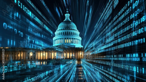 A digital representation of the U.S. Capitol building blends with binary code and data graphics, symbolizing technology's impact on government and politics.
