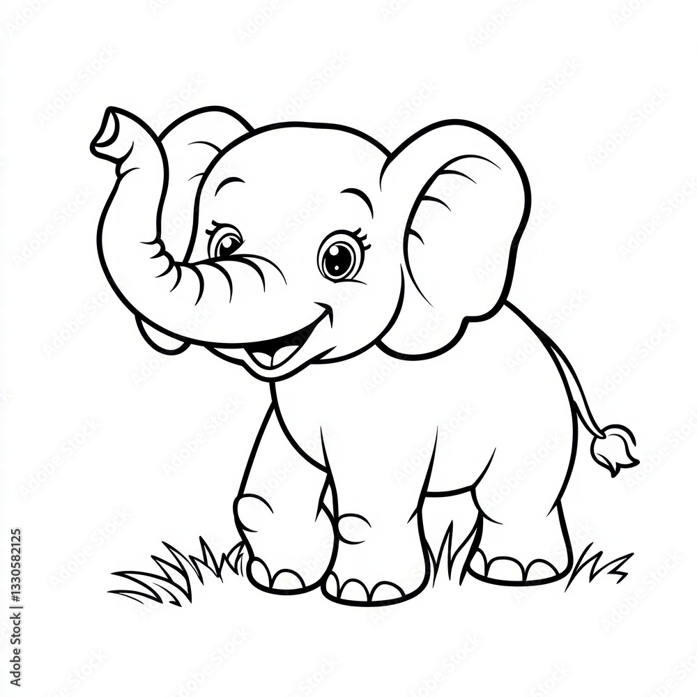 Fototapeta premium Joyful Elephant in Meadow: This adorable, cartoon-style elephant radiates happiness while standing in a grassy meadow. Its trunk is raised, eyes gleaming with joy, offering an inviting feel.