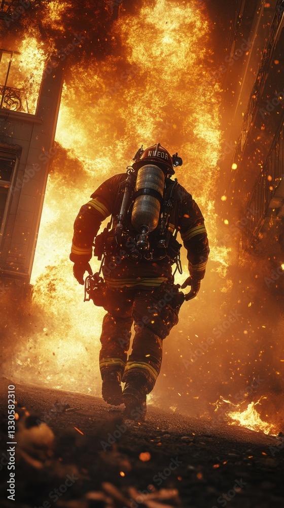 A firefighter, equipped with protective gear, dashes into a burning building. A firefighter, equipped with protective gear, dashes into a burning building.