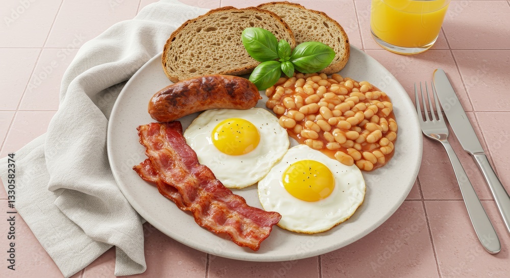 A plate of breakfast food, featuring two sunny-side-up eggs with runny yolks, two slices of crispy bacon, a serving of baked beans, two slices of whole grain bread, and a few fresh basil leaves