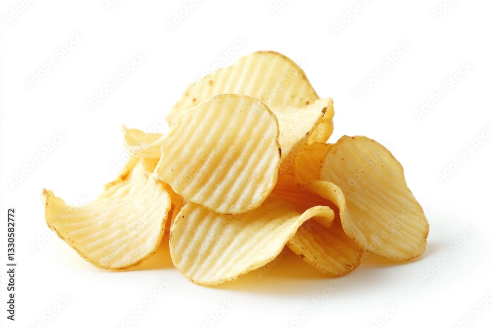 A stack of crispy potato chips on a clean white background A stack of crispy potato chips on a clean white background