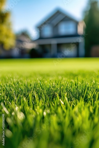 A single-family home situated on a lush green grass, ideal for residential or suburban scenes photo