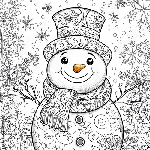 Smiling Snowman in Winter Wonderland: A friendly snowman stands amidst a flurry of snowflakes, decorated with intricate patterns and wearing a cozy scarf, embodying the charm of winter.