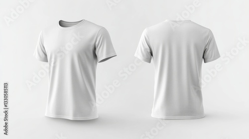 Front and back view of a stylish, short-sleeved white t-shirt on a white background