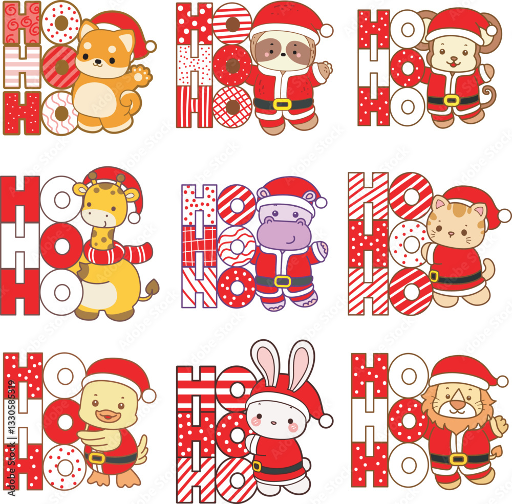 Cute animals vector icon with christmas theme. Funny baby animal christmas illustration. Cute animals vector icon with christmas theme. Funny baby animal christmas illustration.