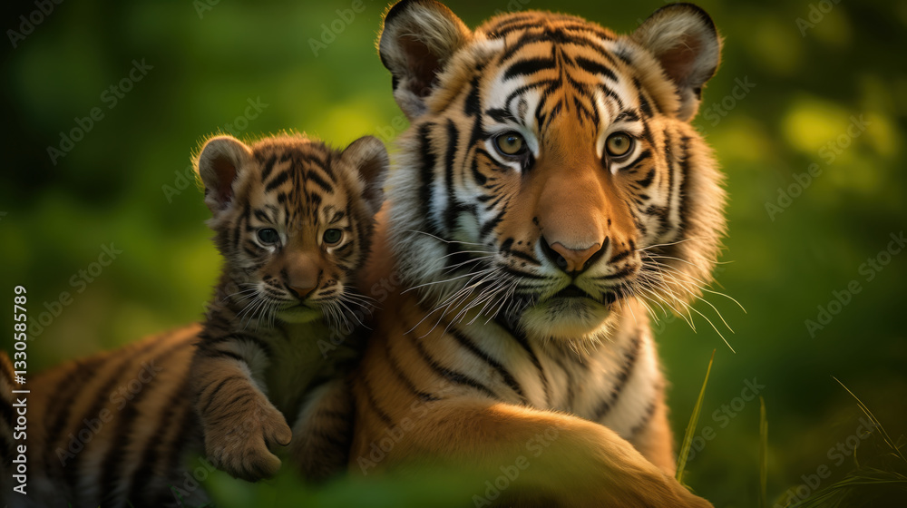 Fototapeta premium Portrait of a mother tigress and cub in their natural habitat