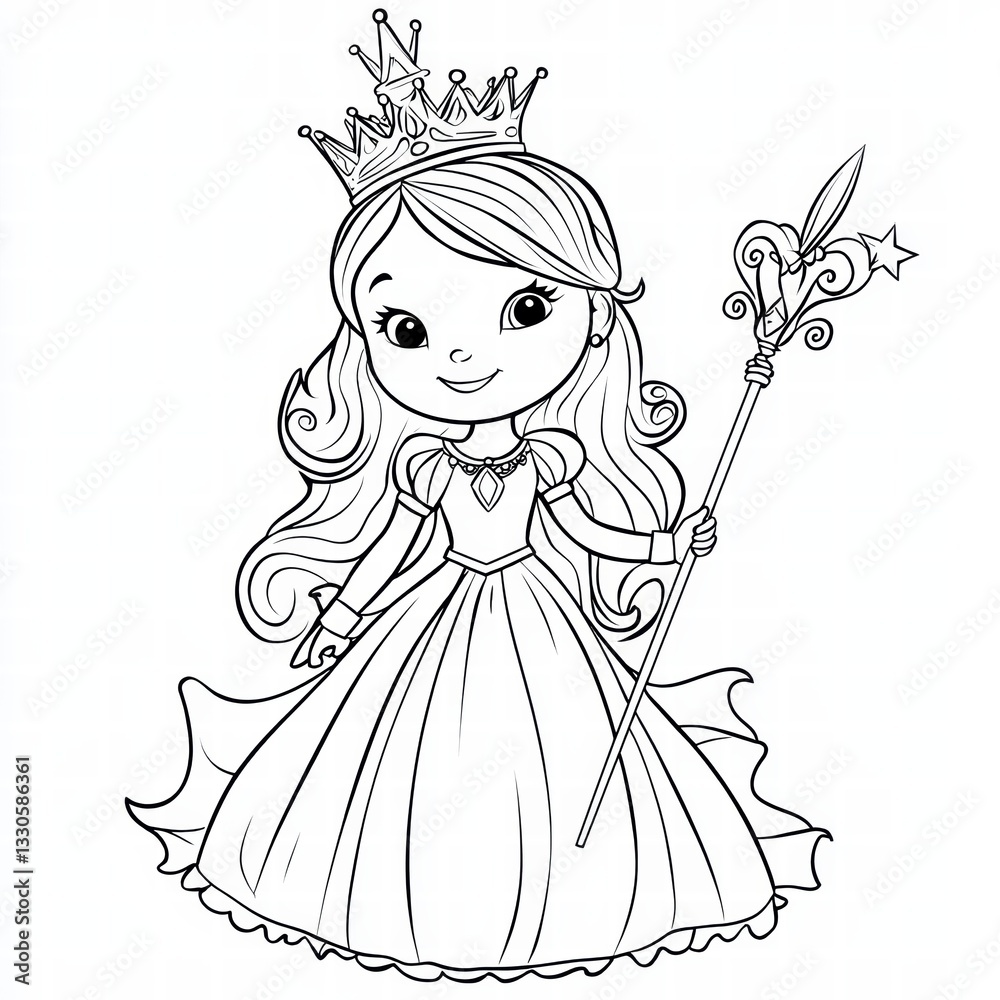 Enchanting Princess Sketch: An adorable princess, adorned with a regal crown and a magic scepter, poses charmingly in this delicate outline sketch. Enchanting Princess Sketch: An adorable princess, adorned with a regal crown and a magic scepter, poses charmingly in this delicate outline sketch.
