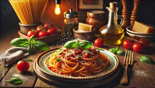 Authentic Italian Spaghetti: Rich Tomato Sauce, Fresh Basil & Parmesan in a Rustic Gourmet Setting
