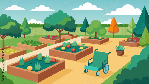 A garden with raised beds and wide paths for those with mobility issues to continue gardening independently.. Vector illustration