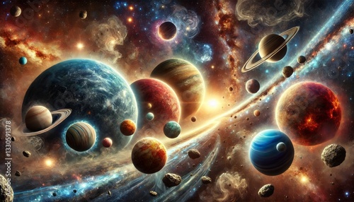 Celestial Diversity: A Vivid Cosmic Landscape with Unique Planets, Asteroid Belts & Glowing Nebulae