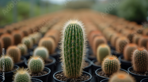 Tall Green Cactus and Rows of Assorted Potted Cacti in Outdoor Greenhouse