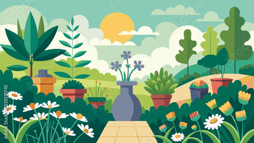 A theutic garden with plants and herbs known for their calming properties such as chamomile and valerian.. Vector illustration