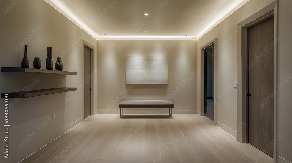 A spacious hallway with minimalist decor, featuring a sleek, modern bench and elegant wall art A spacious hallway with minimalist decor, featuring a sleek, modern bench and elegant wall art