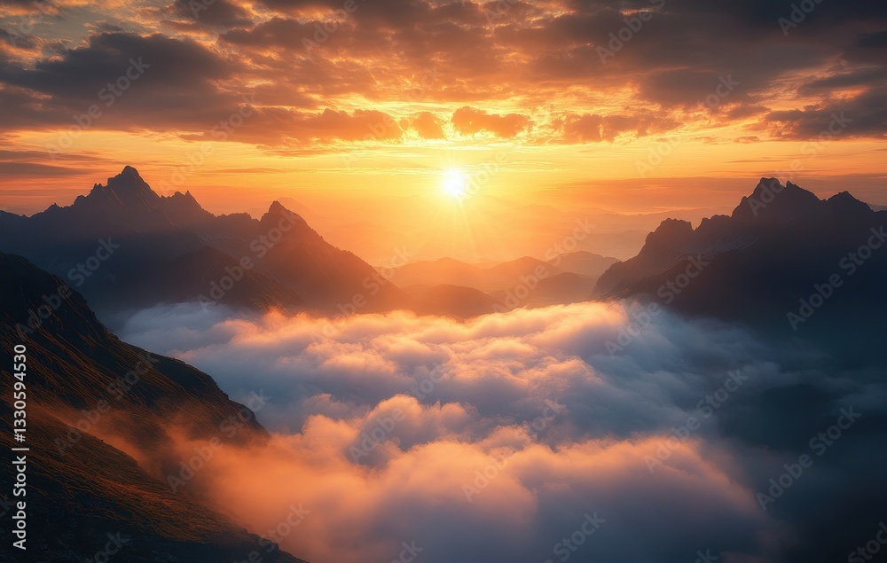 Breathtaking Sunrise Over Mountain Peaks with Misty Clouds and Dramatic Skies in Serene Nature Landscape Breathtaking Sunrise Over Mountain Peaks with Misty Clouds and Dramatic Skies in Serene Nature Landscape