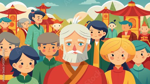 A group of silverhaired explorers effortlessly blending in with the vibrant crowd at a traditional Asian festival adorned in colorful local attire.. Vector illustration