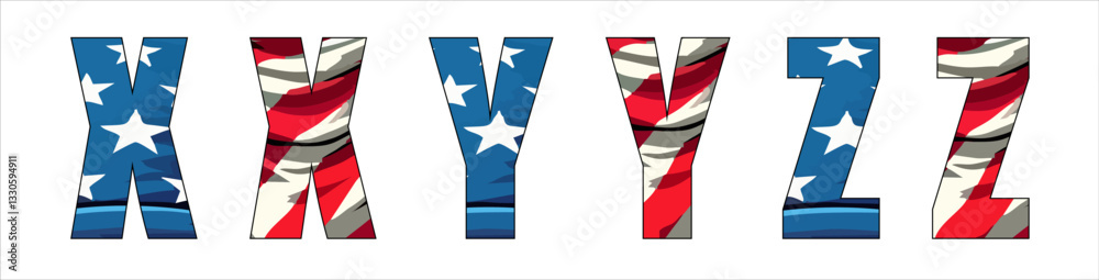Vector font on background
of national flag of usa.
A set of letters of english alphabet XYZ with
american pattern of stars and stripes for
clothing, fabric, textile, paper, inscription on t-shirt. Vector font on background
of national flag of usa.
A set of letters of english alphabet XYZ with
american pattern of stars and stripes for
clothing, fabric, textile, paper, inscription on t-shirt.