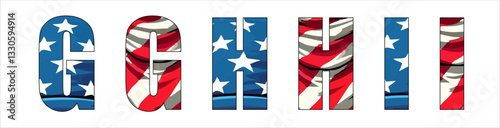 Vector font on background 
of national flag of usa.
A set of letters of english alphabet GHI with
american pattern of stars and stripes for
clothing, fabric, textile, paper, inscription on t-shirt.