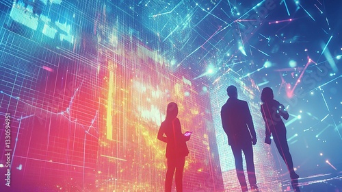 Dynamic Business Teamwork Scene with Holographic Displays and Data