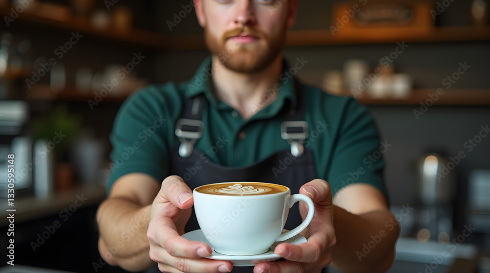 Barista Hands Serving Coffee Cup with Latte Art in Cafe Setting Close Up Focus Barista Hands Serving Coffee Cup with Latte Art in Cafe Setting Close Up Focus