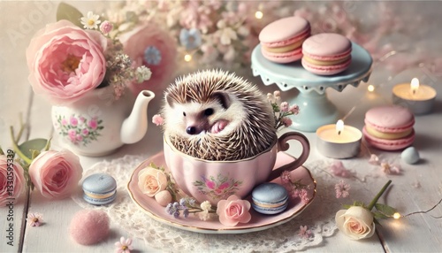 Adorable Hedgehog in a Teacup: A Whimsical Pastel-Themed Scene with Soft Lighting & Delicate Decor