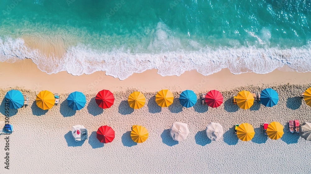 Naklejka premium Aerial View of Colorful Umbrellas on Miami Beach Shoreline