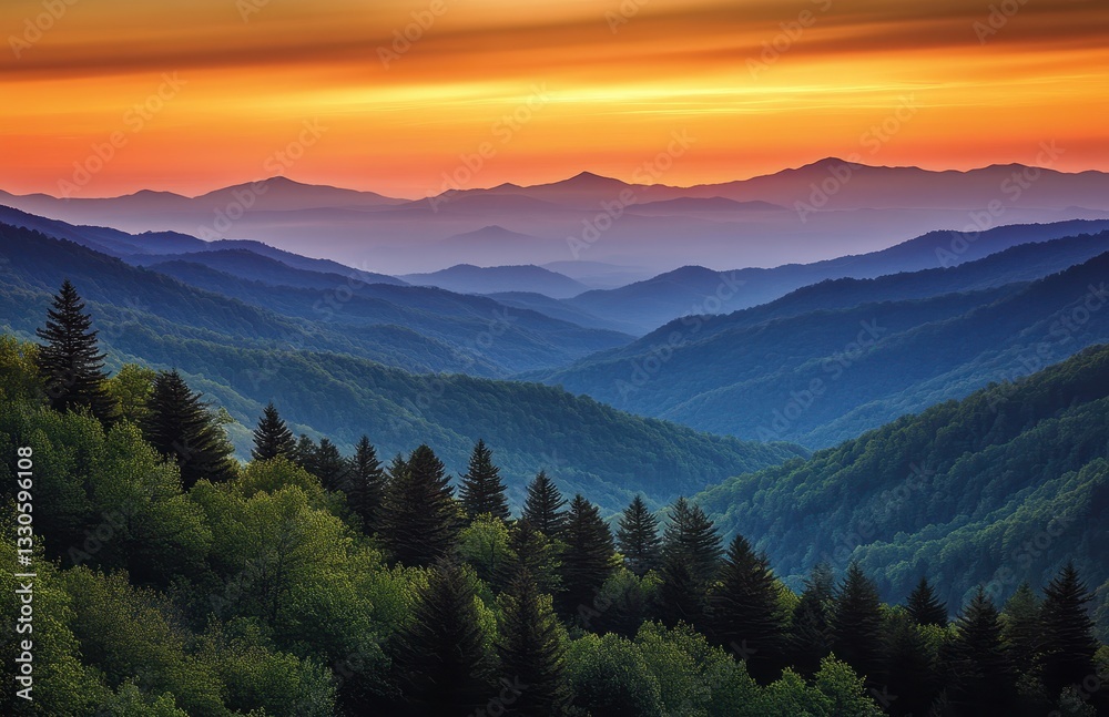Breathtaking Sunset Over Mountainous Landscape with Layers of Forests and Mysterious Valleys Under Dramatic Sky Breathtaking Sunset Over Mountainous Landscape with Layers of Forests and Mysterious Valleys Under Dramatic Sky