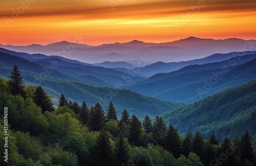 Breathtaking Sunset Over Mountainous Landscape with Layers of Forests and Mysterious Valleys Under Dramatic Sky