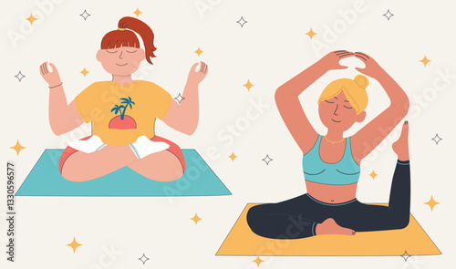 plump girl and skinny girl doing yoga on yoga mats meditating
