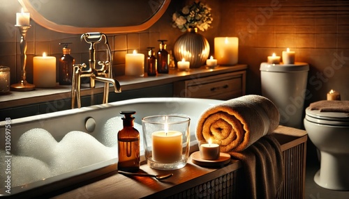 Luxurious Spa-Like Bathroom Retreat: Warm Bubble Bath, Aromatic Candlelight & Soothing Essentials