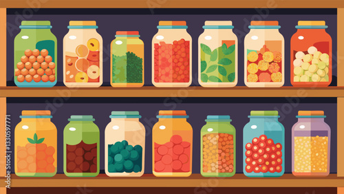Colorful jars of assorted nuts and dried fruits line the shelves providing a nutritious and convenient option for onthego snacking.. Vector illustration