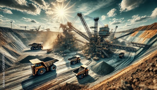 High-Tech Rare Earth Metals Mine in Ukraine: Advanced Excavation with Heavy Machinery Under a Clear Sky
