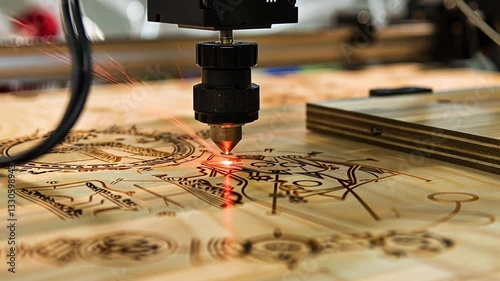 Präzise Lasergravur auf einer Holzplatte in der Industrie