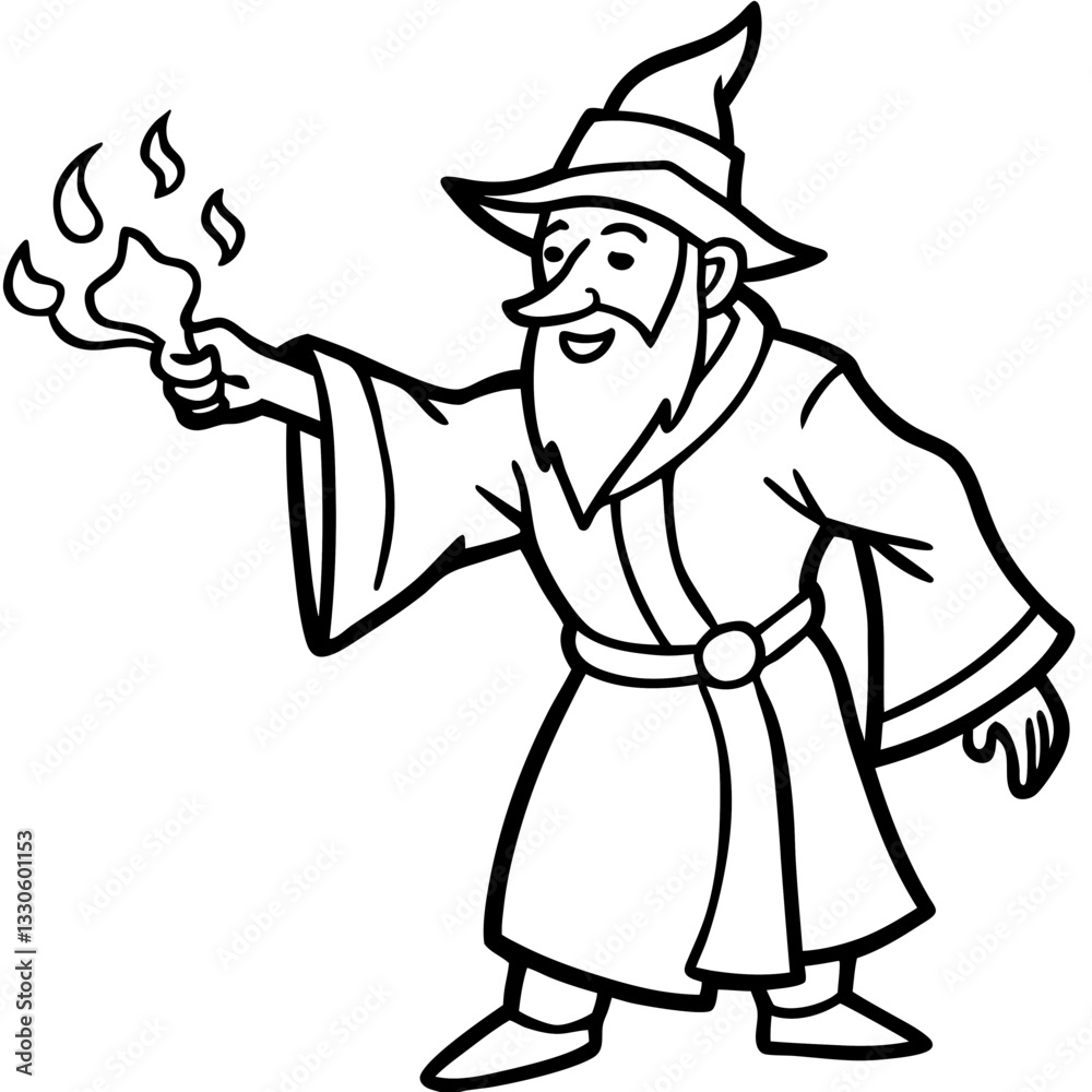 a wizard cartoon character with a beard and a magic wand, conjuring flames a wizard cartoon character with a beard and a magic wand, conjuring flames