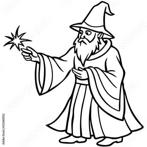 a wizard cartoon holding a magic wand with a star-shaped sparkle