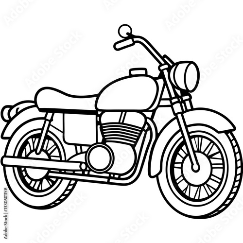 a motorcycle illustration in black and white, showing details of the engine, wheels and handlebars