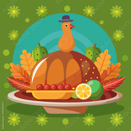 a festive Thanksgiving dinner illustration, featuring a turkey and other related elements. The centerpiece is a delicious turkey, with additional elements that evoke feelings of the holiday.