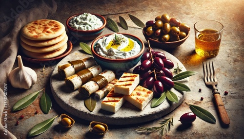 Authentic Greek Mezze Platter: Tzatziki, Grilled Halloumi, Stuffed Grape Leaves & Kalamata Olives on a Rustic Stone Table