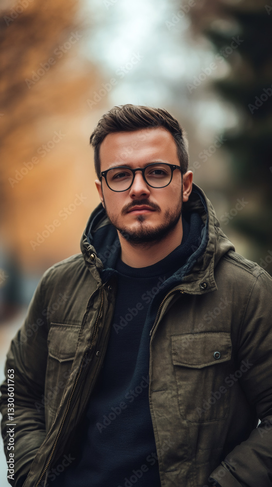 Obraz premium Confident young professional standing outdoors, sporting green jacket and eyeglasses against urban backdrop
