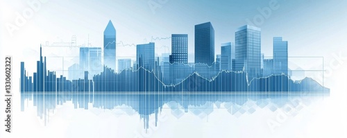 Loads of stock market charts and graphs on an abstract background with blue tones there's a blurred business building silhouette banner for financial research services or trading Generative AI