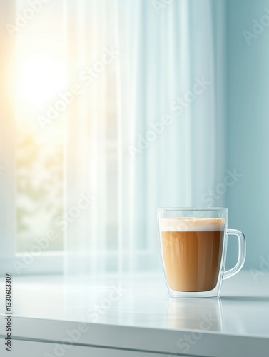 Warm coffee resting on a white table near a sunlit window in a cozy room during the morning hours