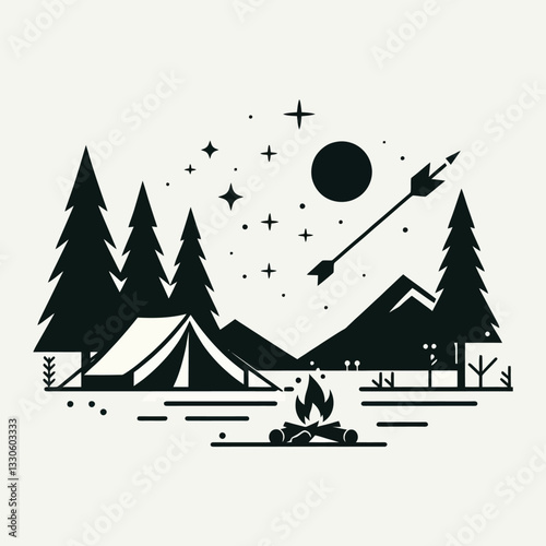 Logotipo vectorial en estilo minimalista negro con 6 imágenes de camping y naturaleza en fondo clipart transparente aislado, ideal para branding y proyectos al aire libre.