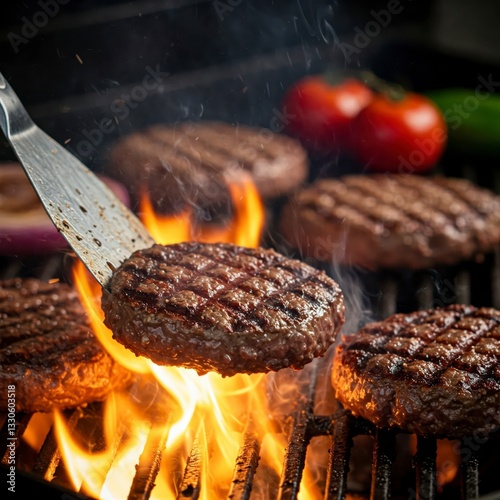 Juicy burgers grilling over flames, grill marks visible, spatula lifting one burger