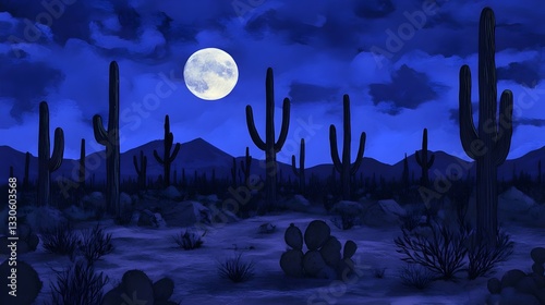 A moonlit desert with cacti silhouettes, deep indigo sky 