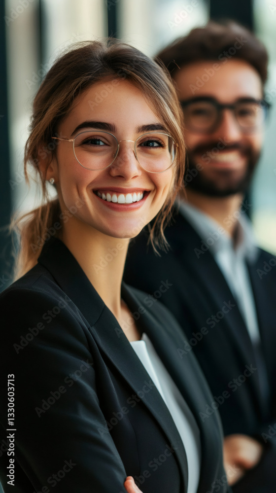 Professional businesswoman wearing eyeglasses, confidently leading diverse team in modern office, displaying leadership and success Professional businesswoman wearing eyeglasses, confidently leading diverse team in modern office, displaying leadership and success