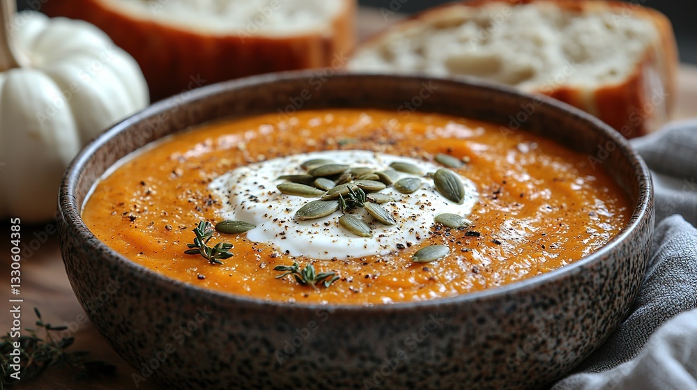 Creamy pumpkin soup served in a rustic bowl with garnishes and fresh bread on a wooden table Creamy pumpkin soup served in a rustic bowl with garnishes and fresh bread on a wooden table