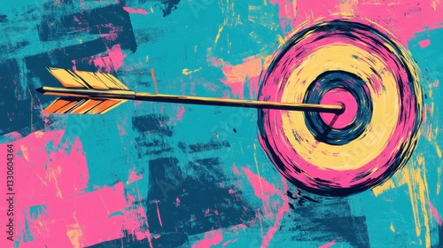 Pop art illustration of a target with an arrow hitting the bullseye on a vibrant pink and blue background, symbolizing success, focus, and achievement.