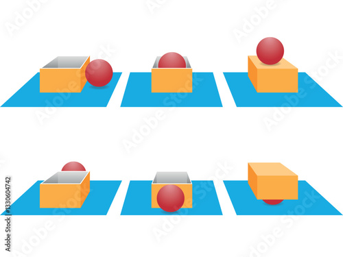 positions of the red ball relative to the orange box