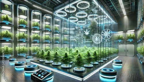 Futuristic Smart Greenhouse for Medical Cannabis: High-Tech Cultivation with Automated Systems & Neon Lighting